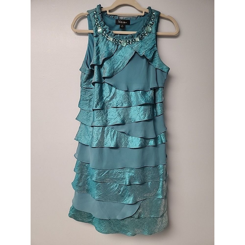 S L Fashion Dress Womens 12 Shimmery Metallic Teal Rhinestones Chiffon Layers